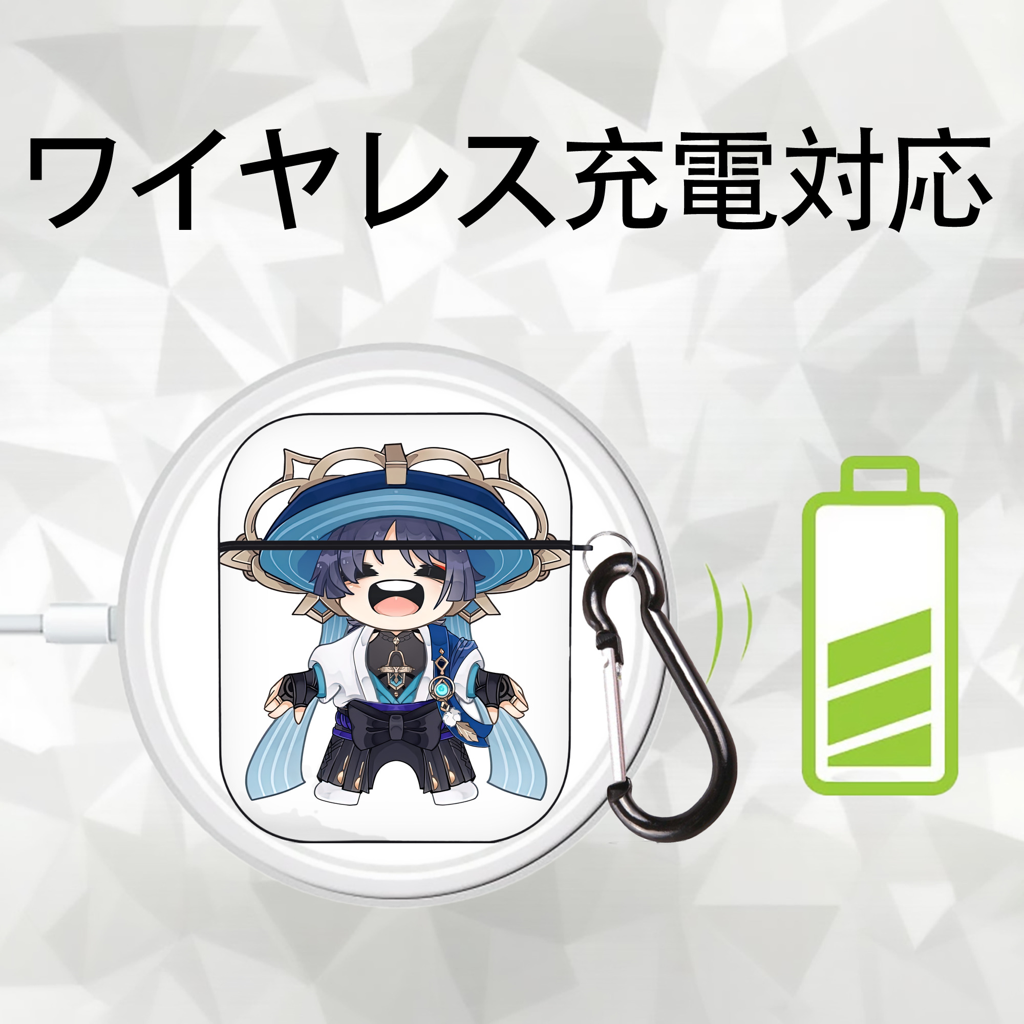 げんし神 さんペい genshin Sanpei AirPods 第2世代保護ケース ハードシェル ブラック 耐衝撃・防指紋・カラビナ付き