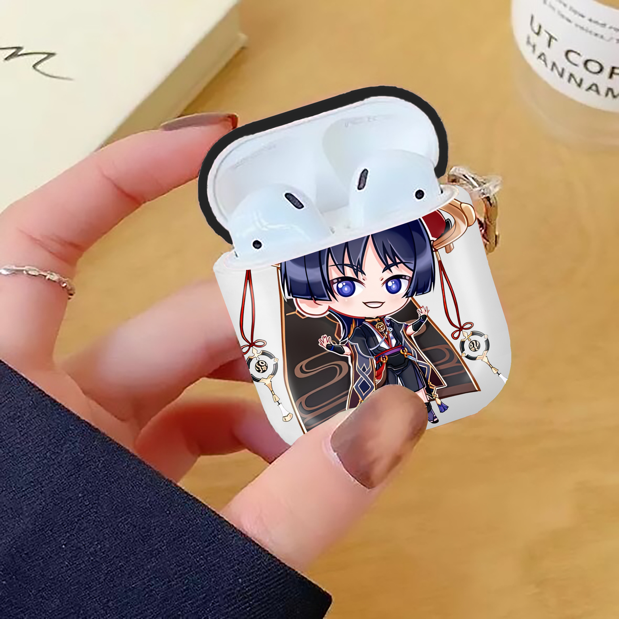 げんし神 さんペい genshin Sanpei AirPods 第2世代保護ケース ハードシェル ブラック 耐衝撃・防指紋・カラビナ付き