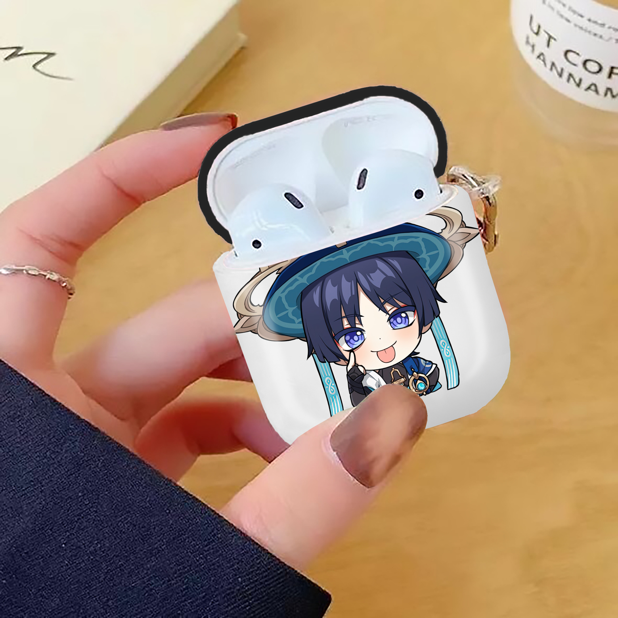 げんし神 さんペい genshin Sanpei AirPods 第2世代保護ケース ハードシェル ブラック 耐衝撃・防指紋・カラビナ付き