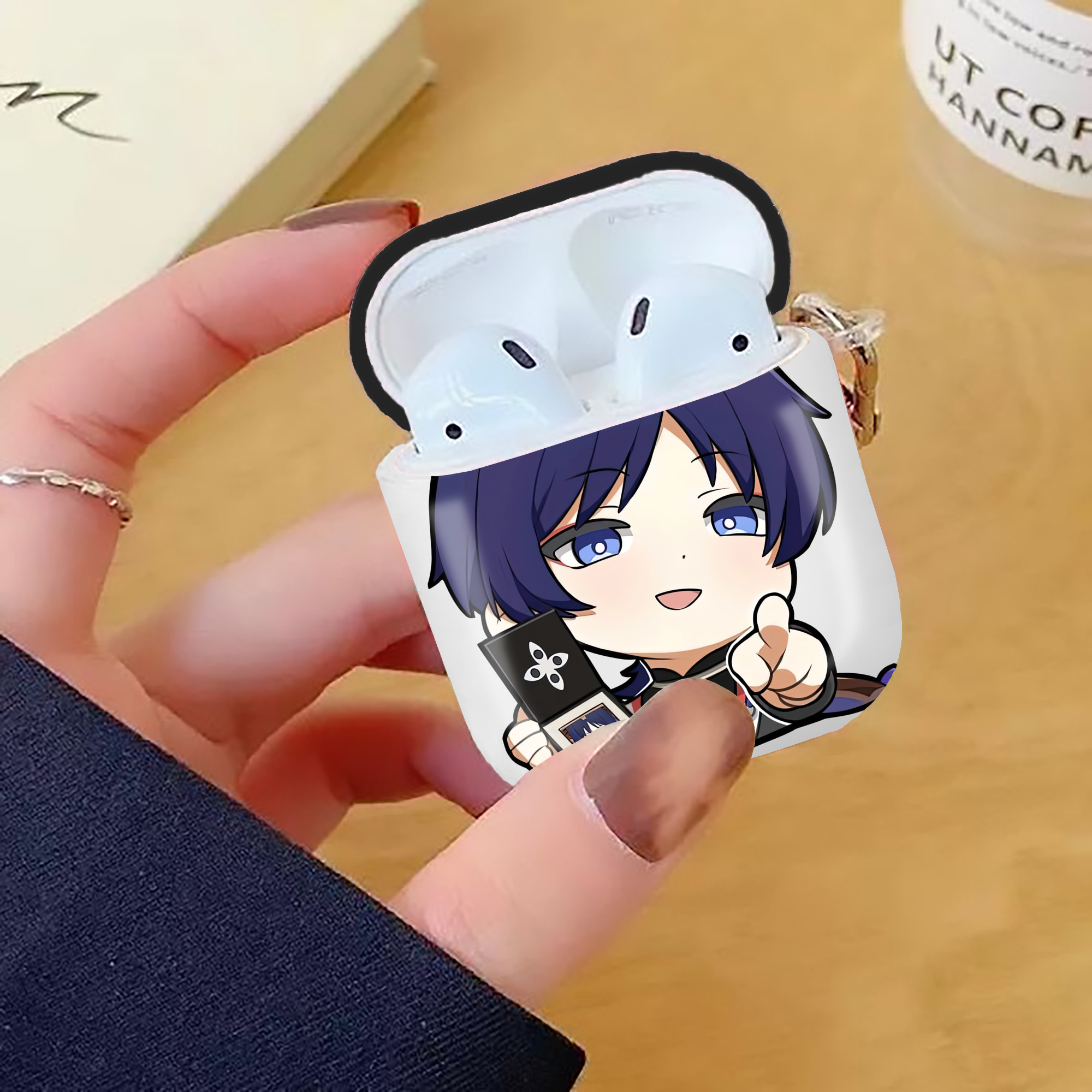 げんし神 さんペい genshin Sanpei AirPods 第2世代保護ケース ハードシェル ブラック 耐衝撃・防指紋・カラビナ付き