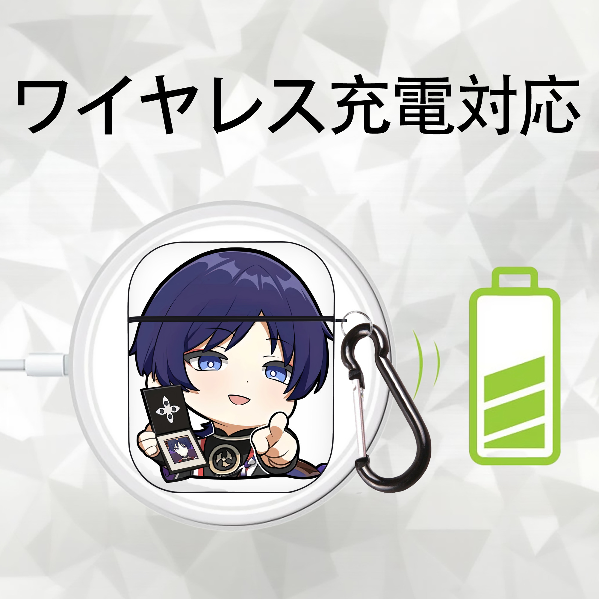 げんし神 さんペい genshin Sanpei AirPods 第2世代保護ケース ハードシェル ブラック 耐衝撃・防指紋・カラビナ付き