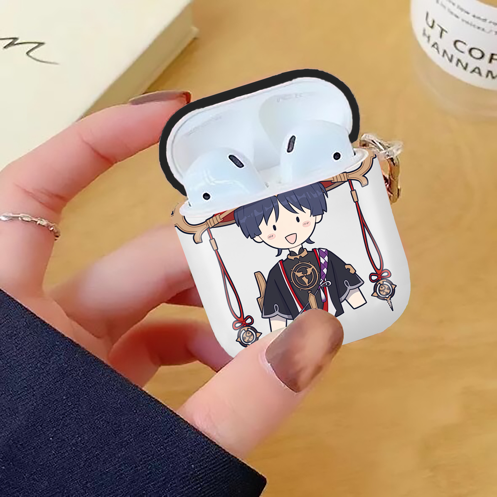 げんし神 さんペい genshin Sanpei AirPods 第2世代保護ケース ハードシェル ブラック 耐衝撃・防指紋・カラビナ付き