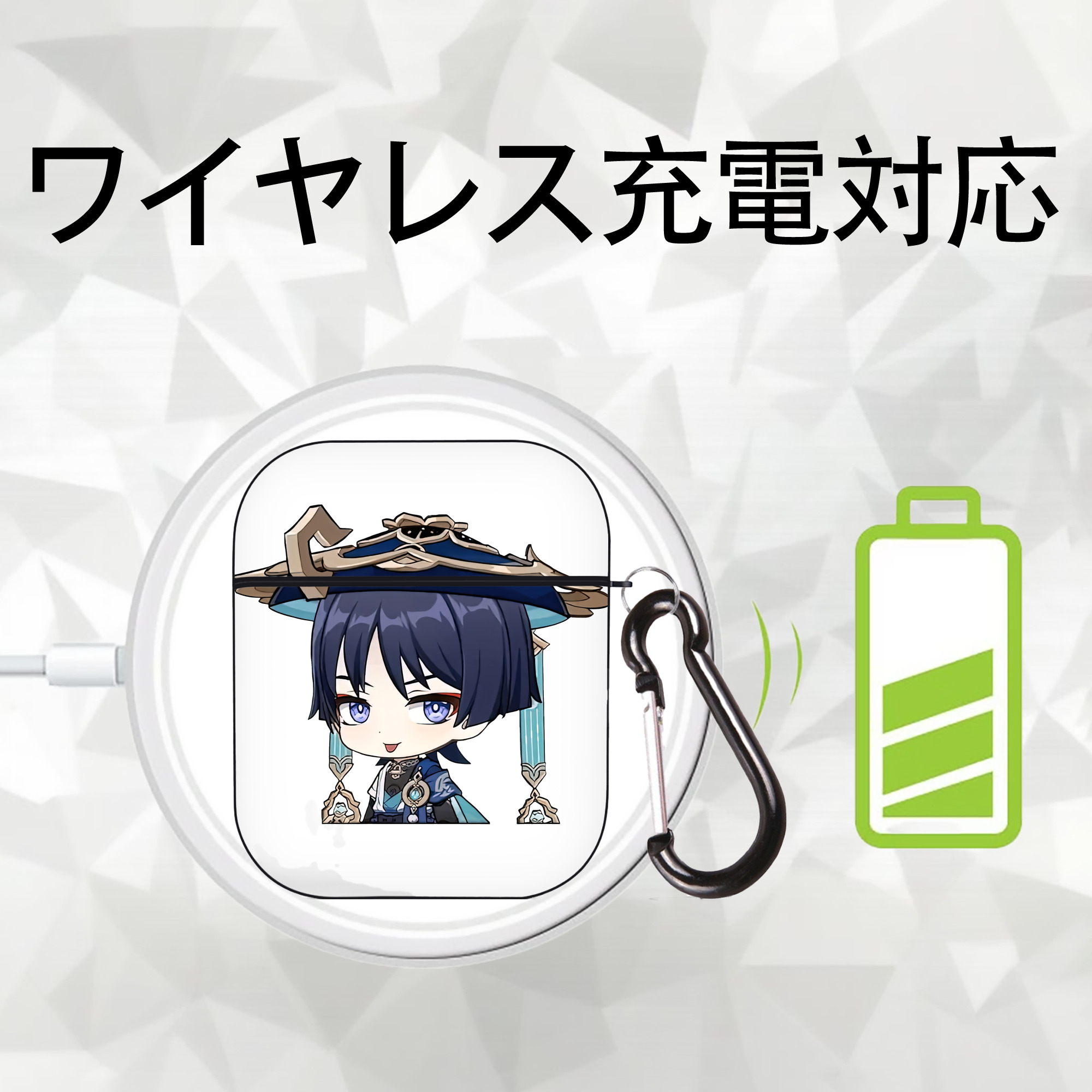 げんし神 さんペい genshin Sanpei AirPods 第2世代保護ケース ハードシェル ブラック 耐衝撃・防指紋・カラビナ付き