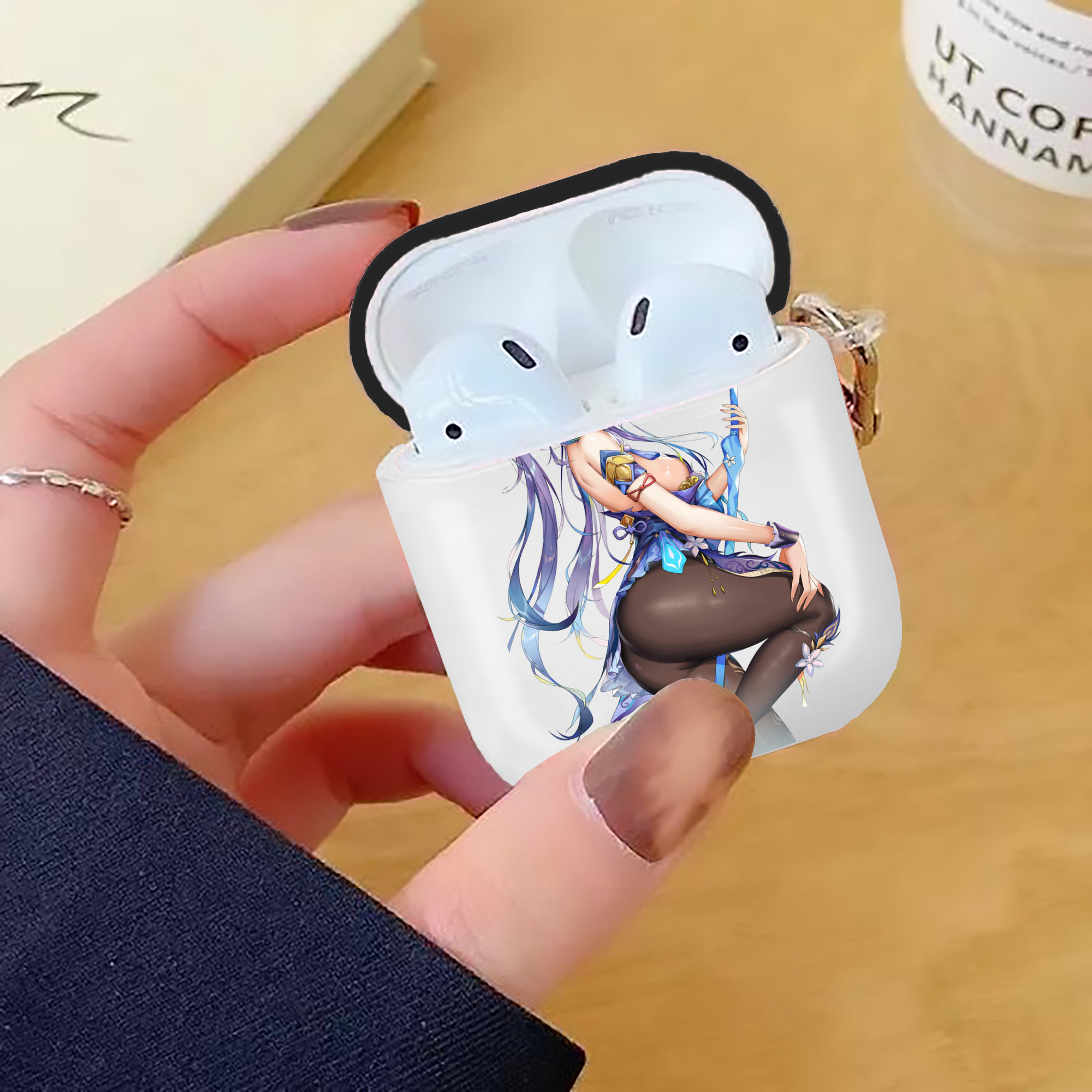 げんし神 刻晴 こくせい genshin Kokusei AirPods 第2世代保護ケース ハードシェル ブラック 耐衝撃・防指紋・カラビナ付き