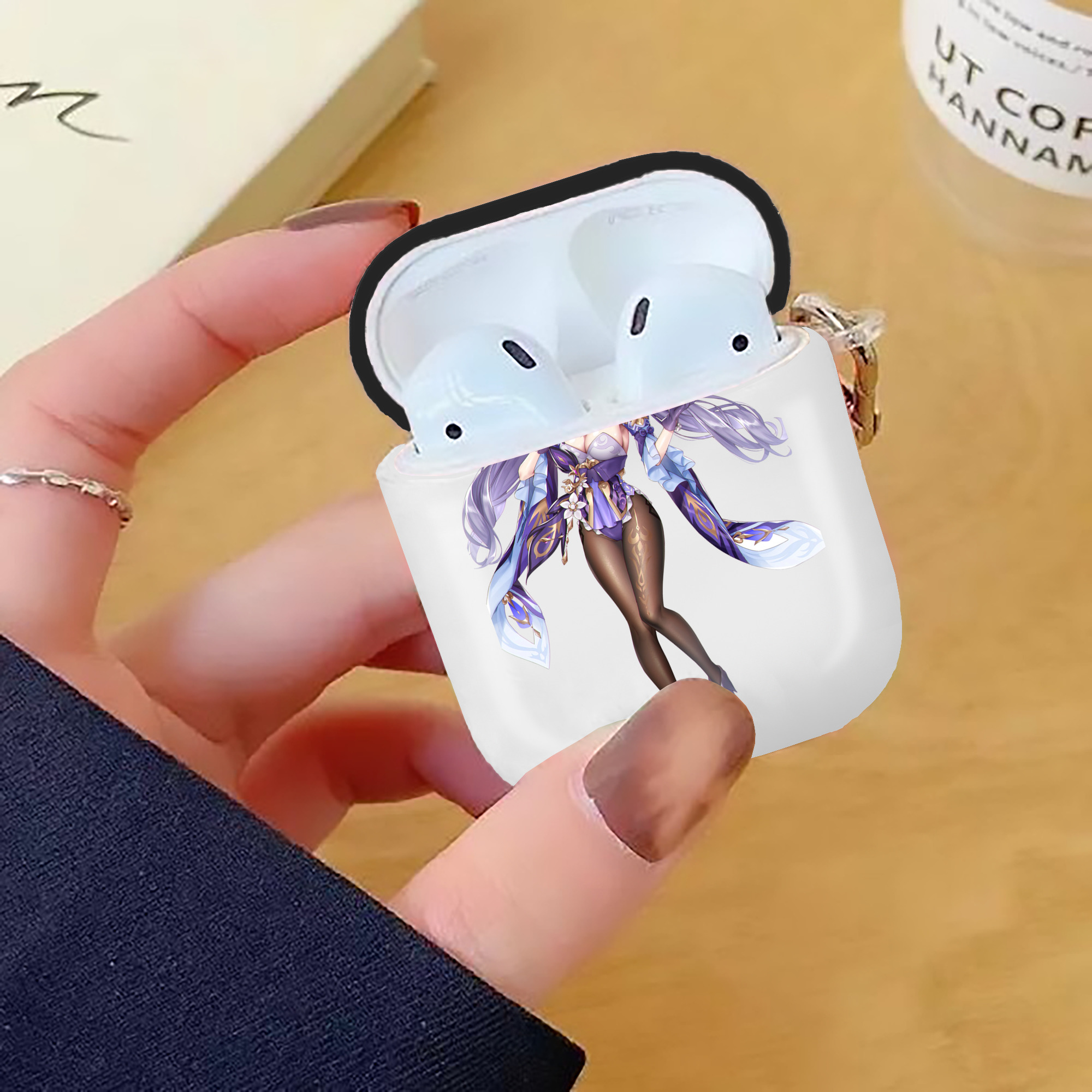 げんし神 刻晴 こくせい genshin Kokusei AirPods 第2世代保護ケース ハードシェル ブラック 耐衝撃・防指紋・カラビナ付き